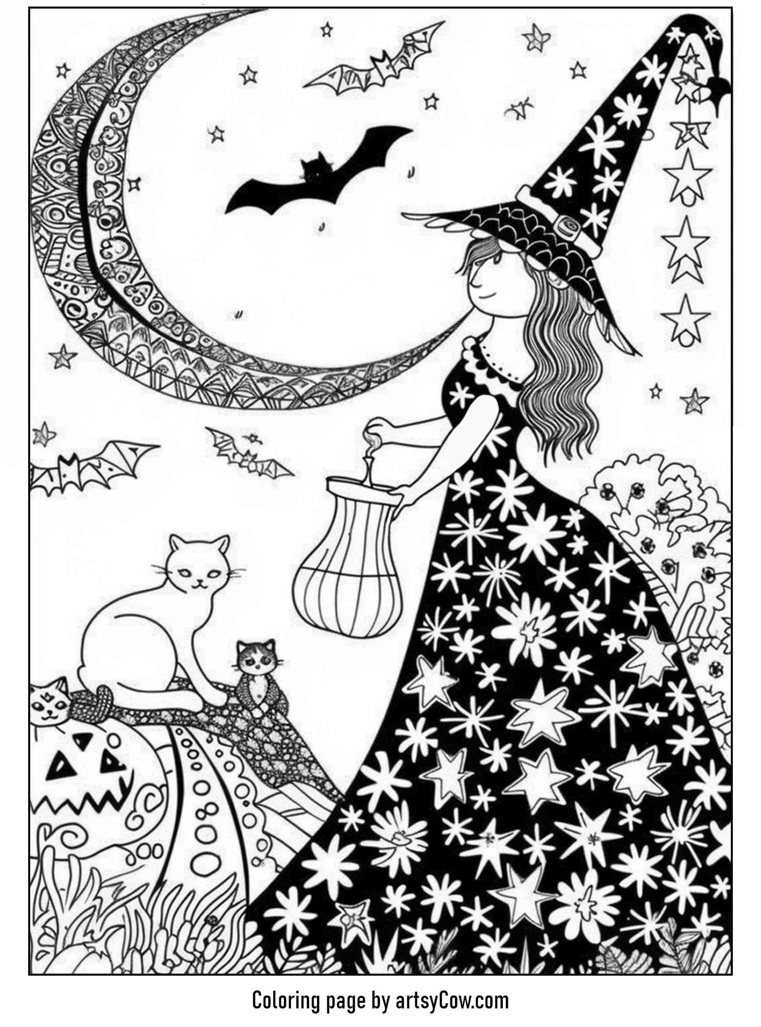 a witch and black cats under a crescent moon